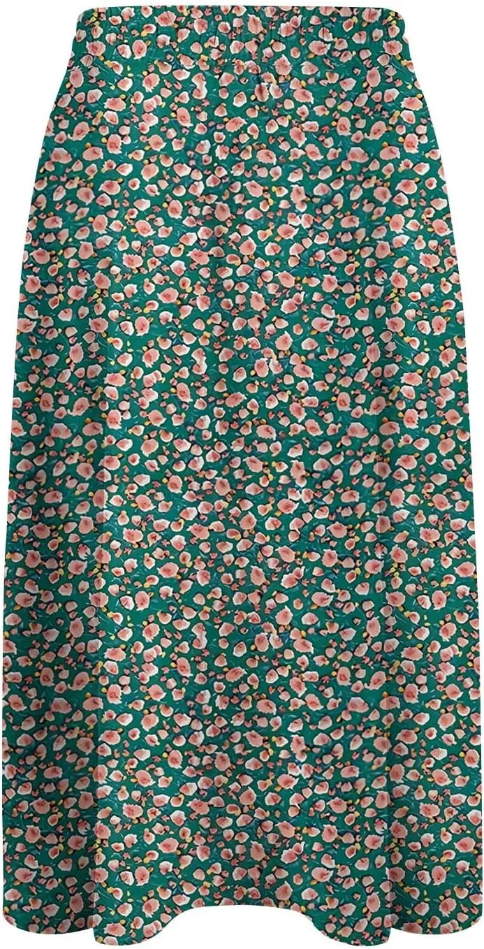 Flowy Midi Skirts for Women Summer High Waist Solid/Printed Boho Skirts Elegant Pleated A-Line Skirt with Pockets