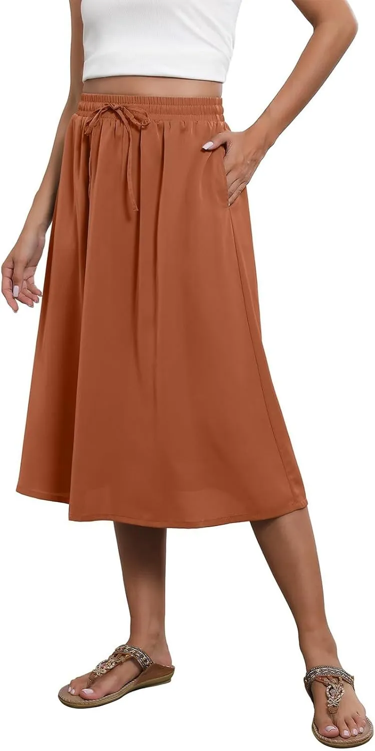 Flowy Midi Skirts for Women Summer High Waist Solid/Printed Boho Skirts Elegant Pleated A-Line Skirt with Pockets
