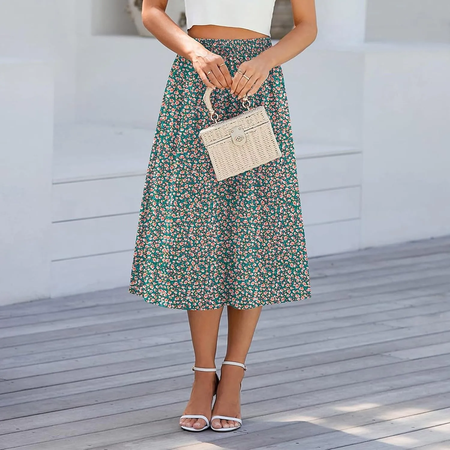 Flowy Midi Skirts for Women Summer High Waist Solid/Printed Boho Skirts Elegant Pleated A-Line Skirt with Pockets
