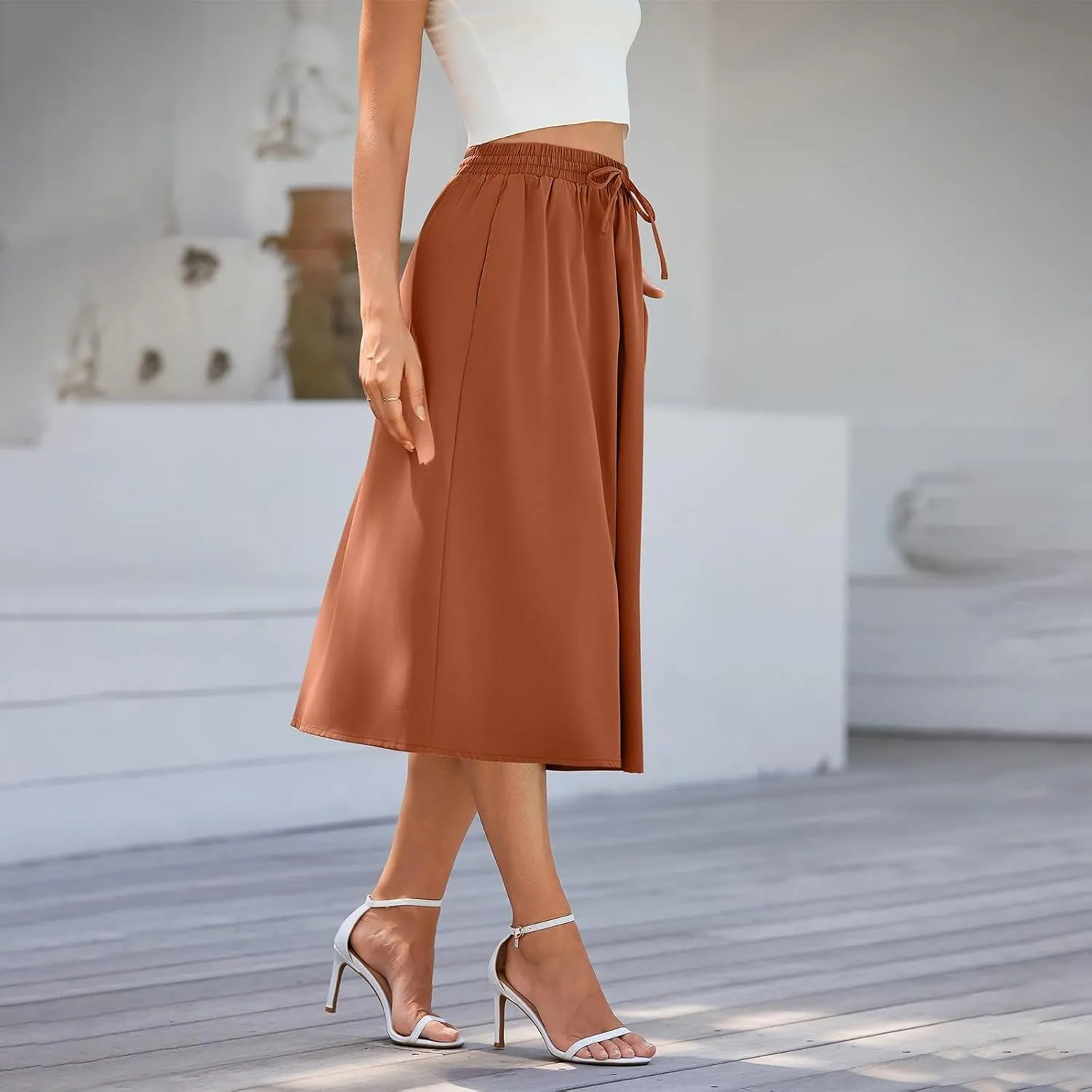 Flowy Midi Skirts for Women Summer High Waist Solid/Printed Boho Skirts Elegant Pleated A-Line Skirt with Pockets