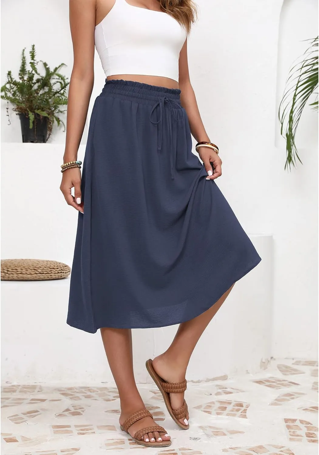 Flowy Skirt Midi Length High Waist Skirts for Women Below Knee with Pockets 2024 Women Fashion Trendy