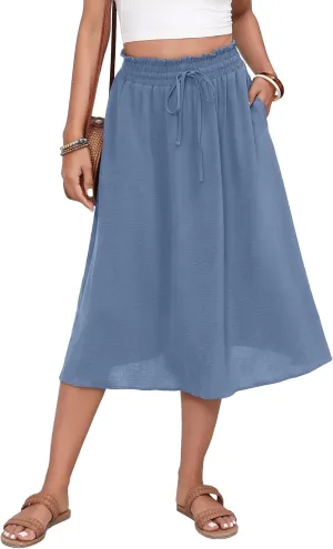 Flowy Skirt Midi Length High Waist Skirts for Women Below Knee with Pockets 2024 Women Fashion Trendy