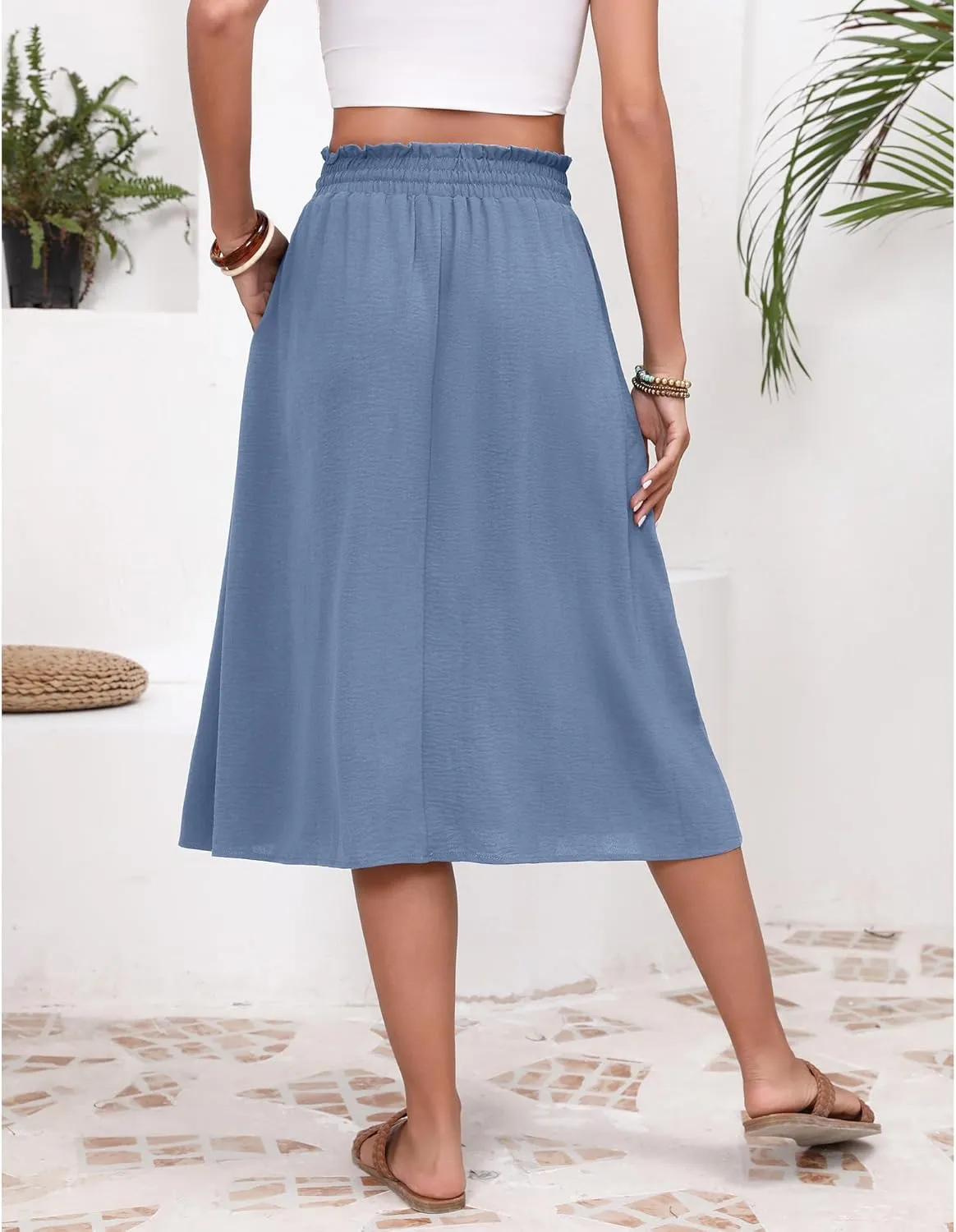 Flowy Skirt Midi Length High Waist Skirts for Women Below Knee with Pockets 2024 Women Fashion Trendy