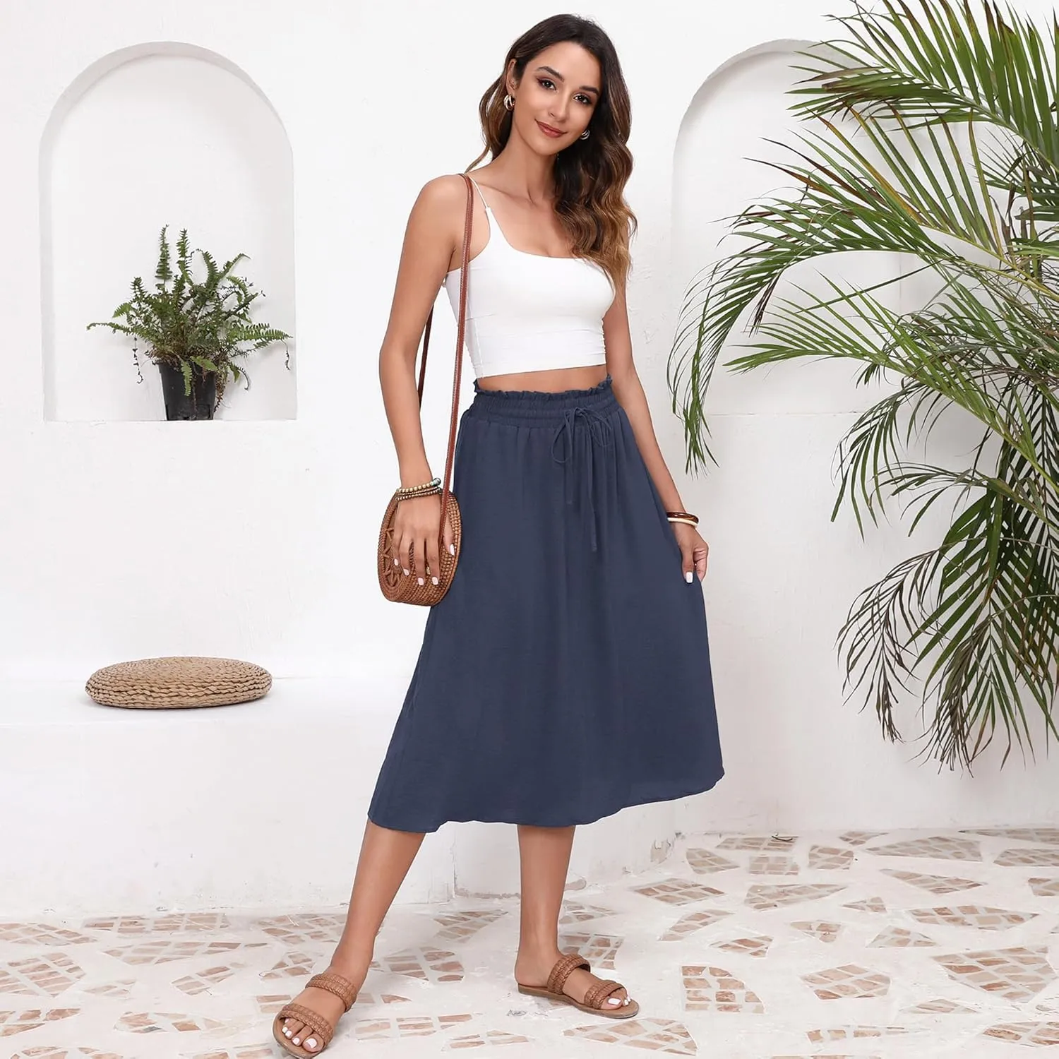 Flowy Skirt Midi Length High Waist Skirts for Women Below Knee with Pockets 2024 Women Fashion Trendy