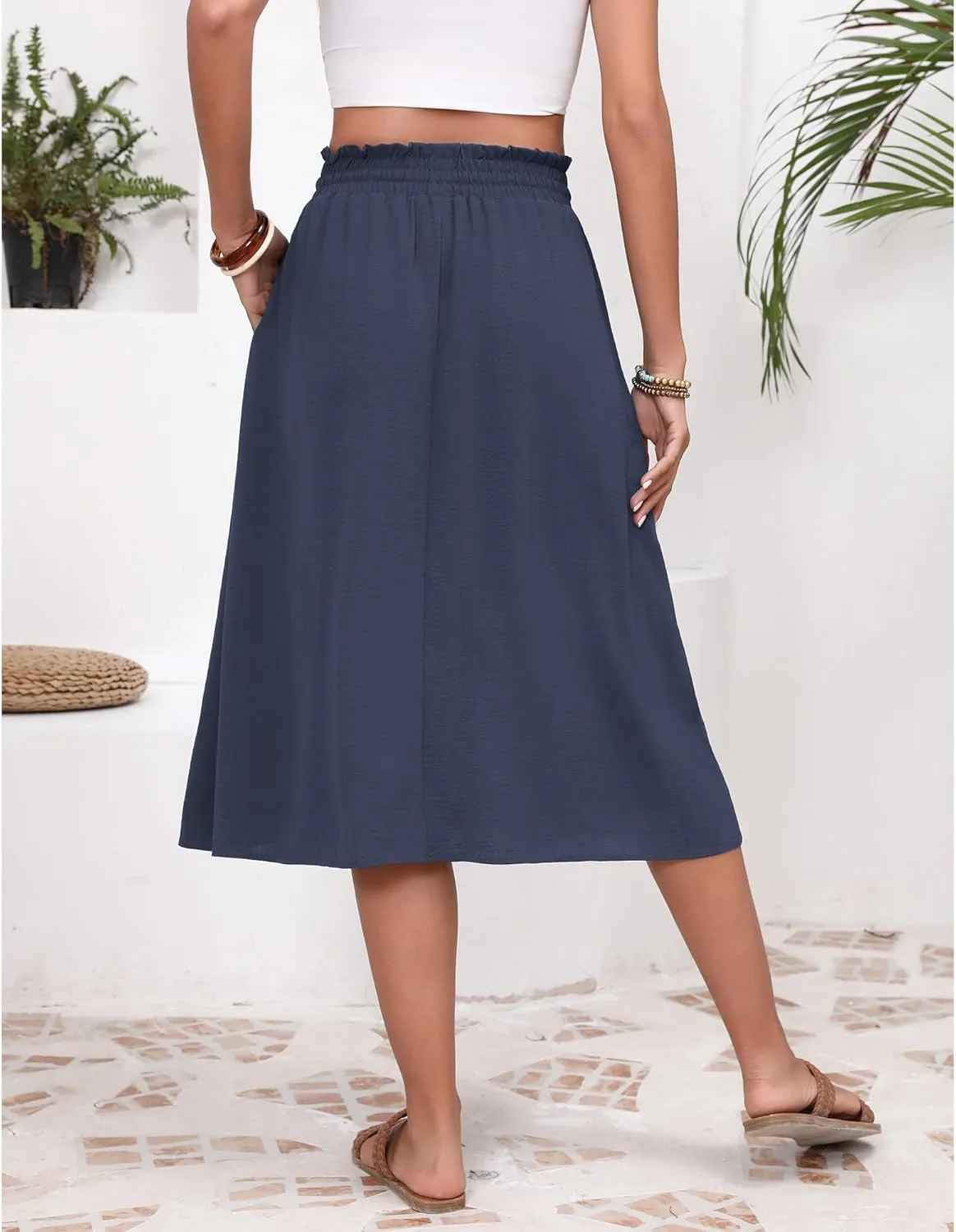 Flowy Skirt Midi Length High Waist Skirts for Women Below Knee with Pockets 2024 Women Fashion Trendy
