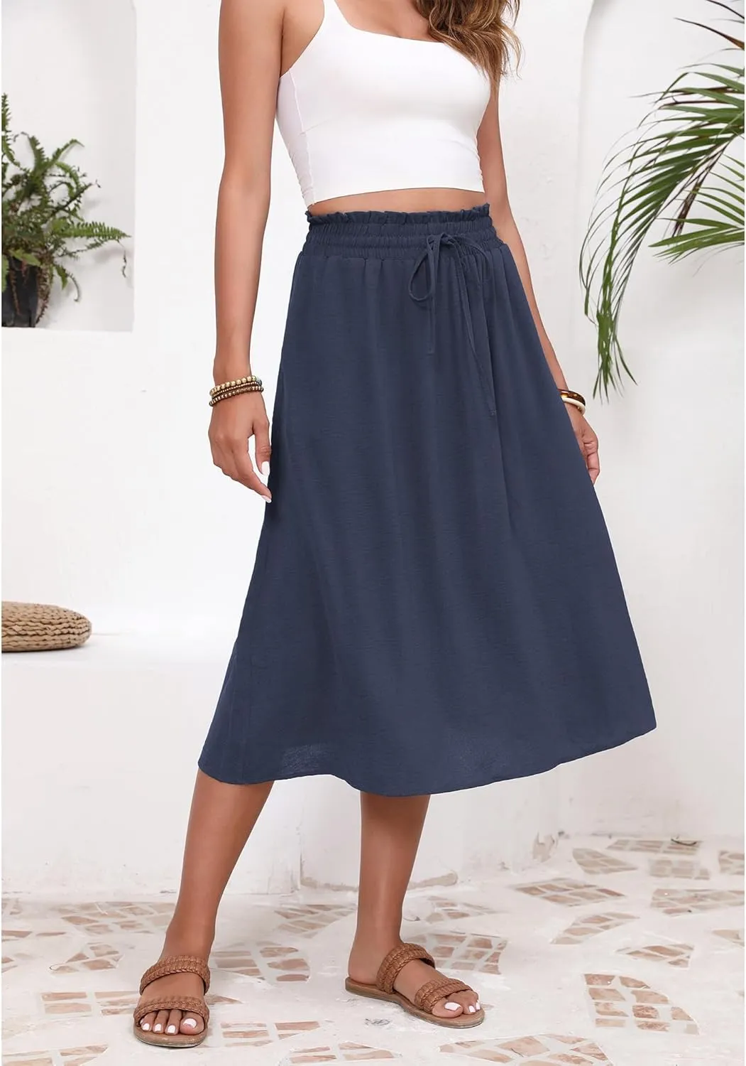 Flowy Skirt Midi Length High Waist Skirts for Women Below Knee with Pockets 2024 Women Fashion Trendy