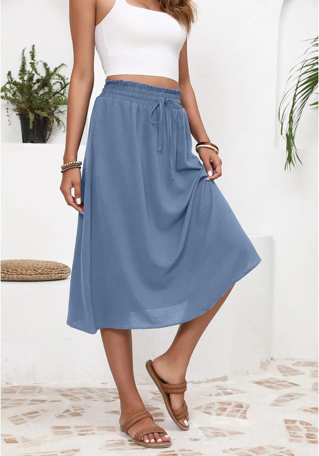 Flowy Skirt Midi Length High Waist Skirts for Women Below Knee with Pockets 2024 Women Fashion Trendy