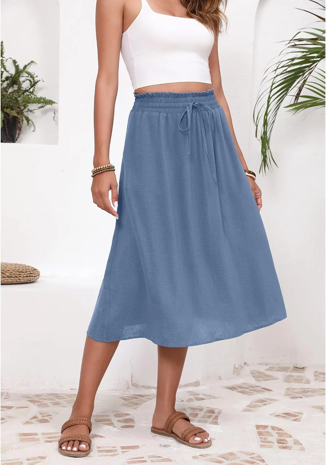 Flowy Skirt Midi Length High Waist Skirts for Women Below Knee with Pockets 2024 Women Fashion Trendy