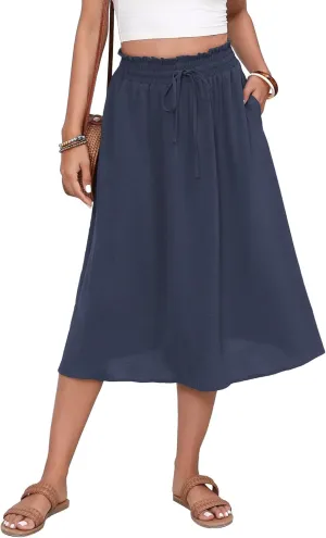 Flowy Skirt Midi Length High Waist Skirts for Women Below Knee with Pockets 2024 Women Fashion Trendy