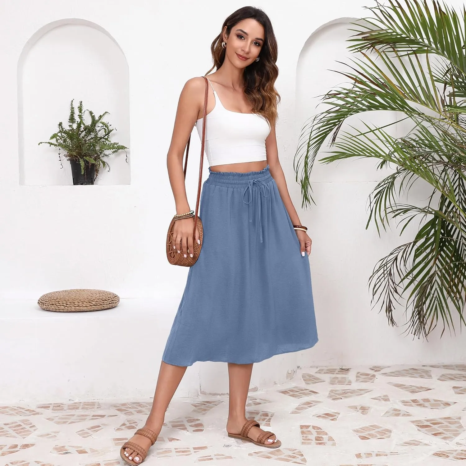 Flowy Skirt Midi Length High Waist Skirts for Women Below Knee with Pockets 2024 Women Fashion Trendy