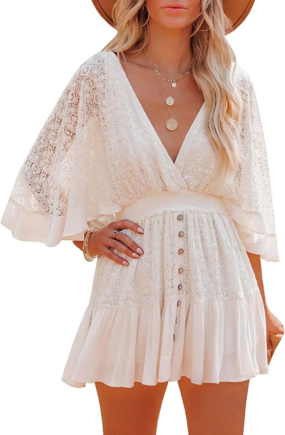 Flygo Women's Summer Deep V Neck Batwing Mini Dress Backless Crochet Lace Beach Boho Dress