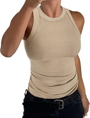 GEMBERA Womens Sleeveless Racerback High Neck Casual Basic Cotton Ribbed Fitted Tank Top