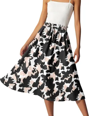 GOFULY Midi Skirts for Women Boho Summer Floral Print A Line Knee Skirt Drawstring Elastic High Waist Pleated Skirt