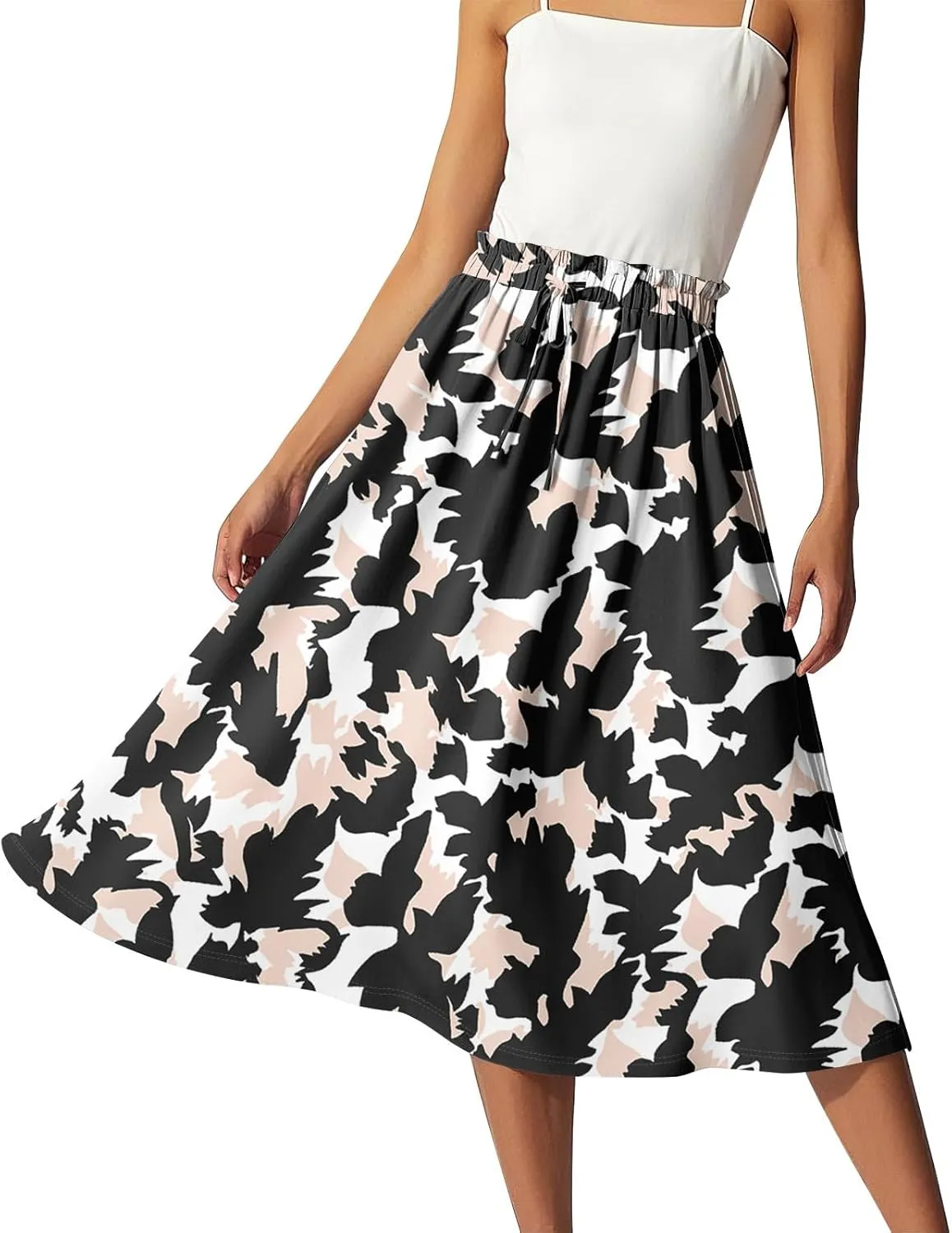 GOFULY Midi Skirts for Women Boho Summer Floral Print A Line Knee Skirt Drawstring Elastic High Waist Pleated Skirt