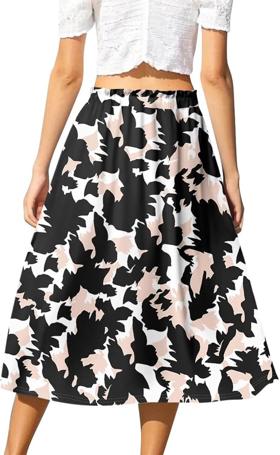 GOFULY Midi Skirts for Women Boho Summer Floral Print A Line Knee Skirt Drawstring Elastic High Waist Pleated Skirt