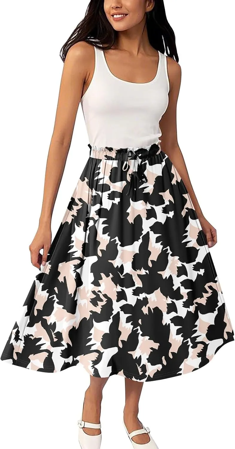GOFULY Midi Skirts for Women Boho Summer Floral Print A Line Knee Skirt Drawstring Elastic High Waist Pleated Skirt