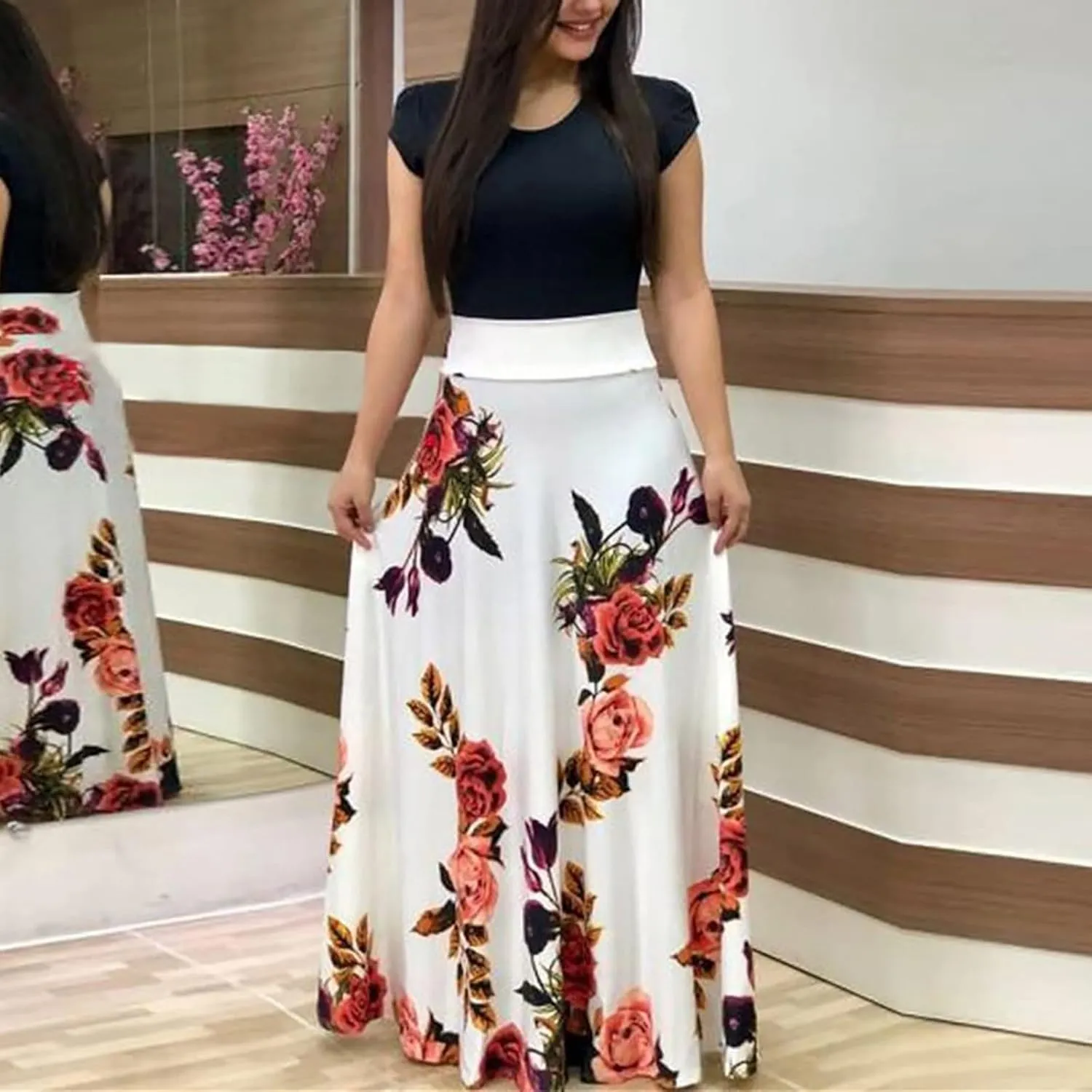 GOKKILRW Maxi Dresses for Women Wedding Guest High Waist Party Evening Maxi Dress Casual Loose Short Sleeve Beach Dresses