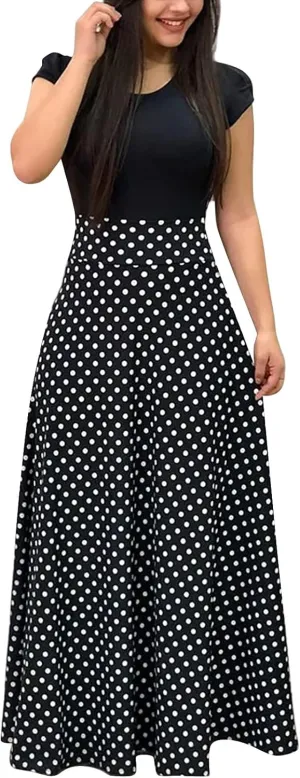 GOKKILRW Maxi Dresses for Women Wedding Guest High Waist Party Evening Maxi Dress Casual Loose Short Sleeve Beach Dresses