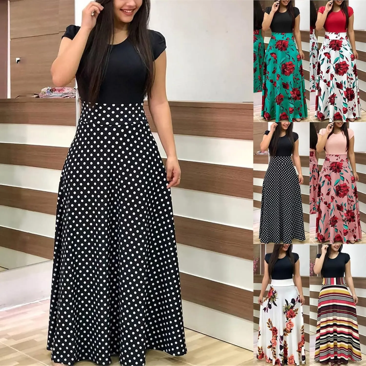 GOKKILRW Maxi Dresses for Women Wedding Guest High Waist Party Evening Maxi Dress Casual Loose Short Sleeve Beach Dresses