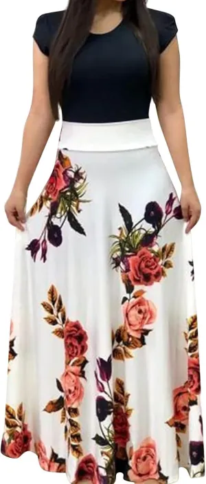 GOKKILRW Maxi Dresses for Women Wedding Guest High Waist Party Evening Maxi Dress Casual Loose Short Sleeve Beach Dresses