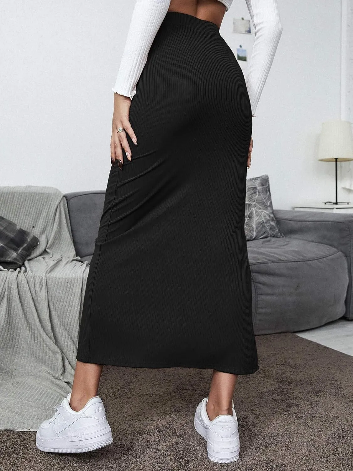 GORGLITTER Women's Split Ribbed Knit Bodycon Maxi Skirt High Waisted Side Slit Pencil Long Skirts