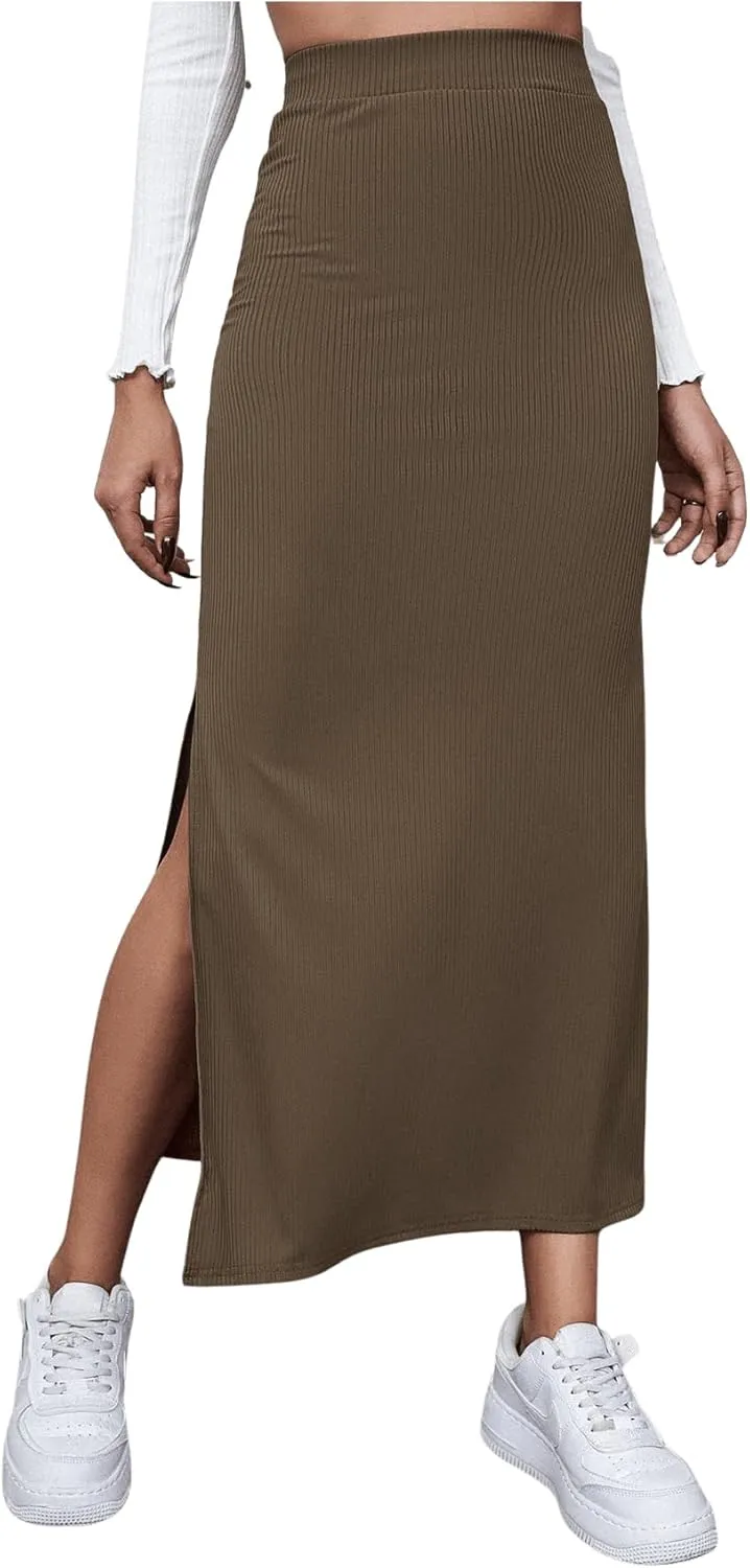 GORGLITTER Women's Split Ribbed Knit Bodycon Maxi Skirt High Waisted Side Slit Pencil Long Skirts