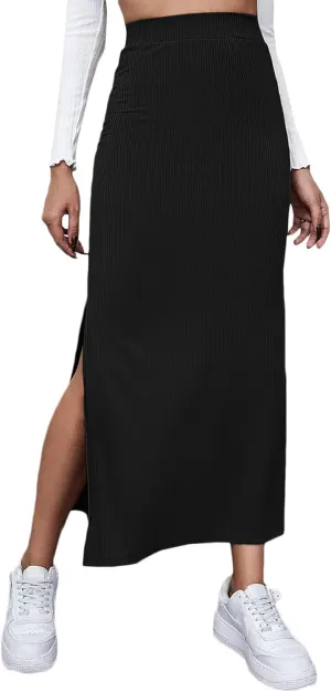 GORGLITTER Women's Split Ribbed Knit Bodycon Maxi Skirt High Waisted Side Slit Pencil Long Skirts