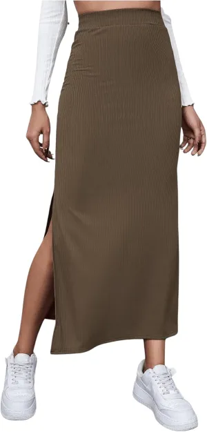 GORGLITTER Women's Split Ribbed Knit Bodycon Maxi Skirt High Waisted Side Slit Pencil Long Skirts