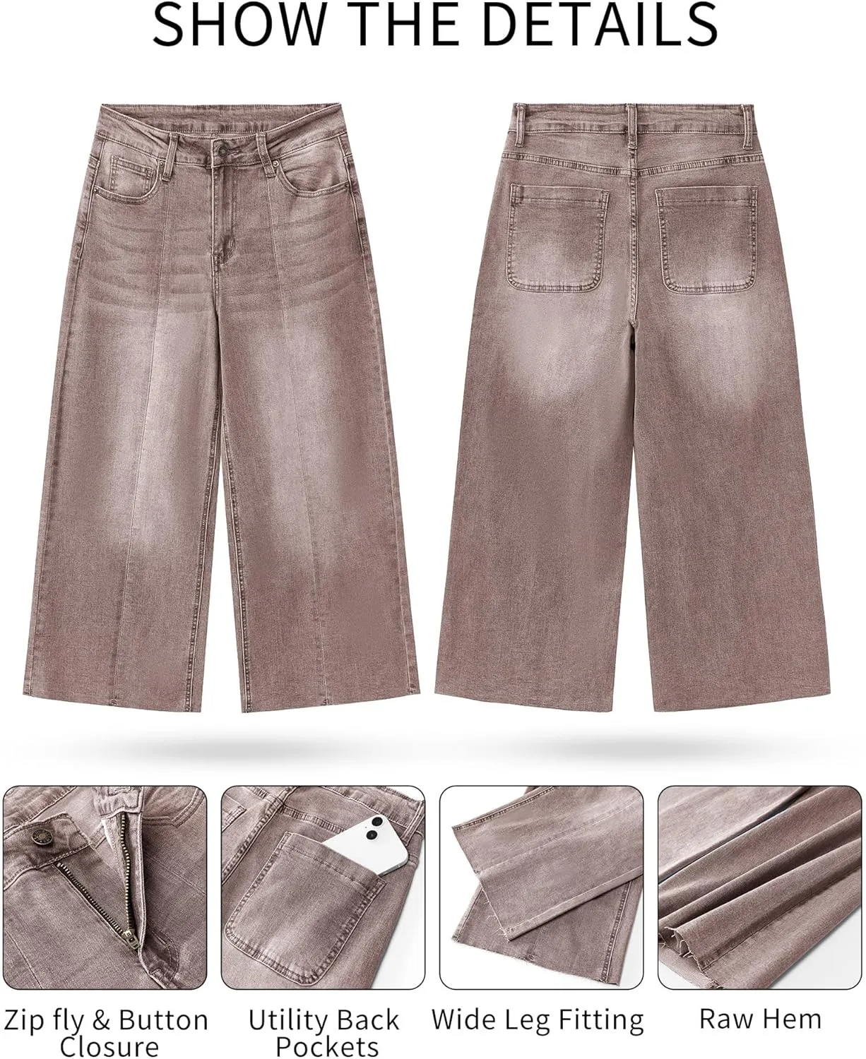 GRAPENT Jean Capris for Women Wide Leg Jeans High Waisted Seamed Front Raw Hem Denim Capri Pants Stretchy
