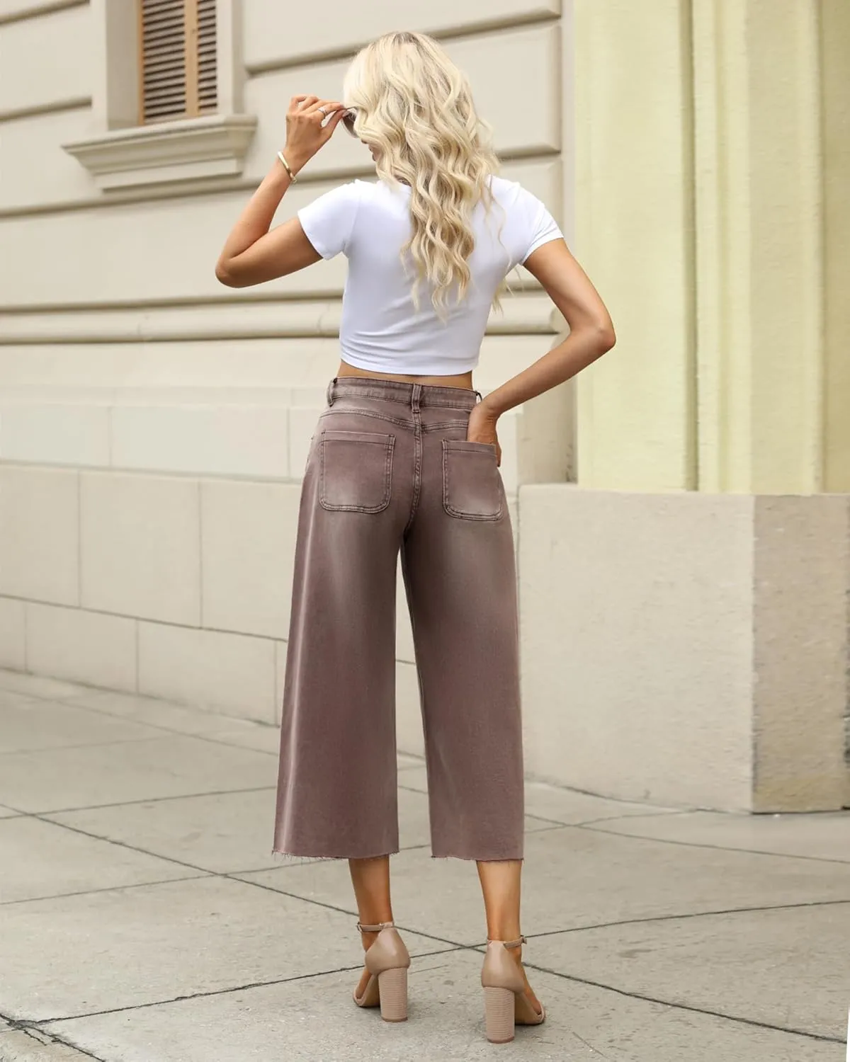 GRAPENT Jean Capris for Women Wide Leg Jeans High Waisted Seamed Front Raw Hem Denim Capri Pants Stretchy