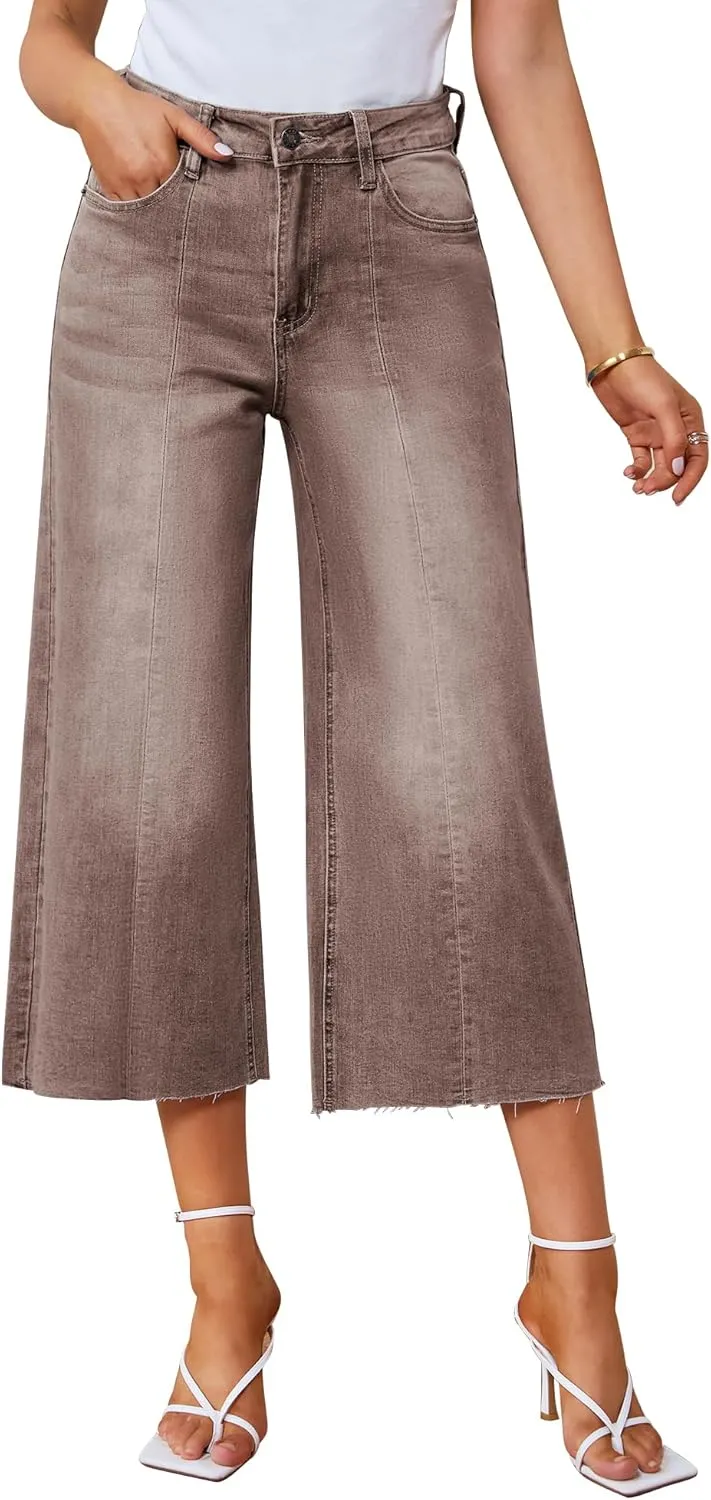 GRAPENT Jean Capris for Women Wide Leg Jeans High Waisted Seamed Front Raw Hem Denim Capri Pants Stretchy