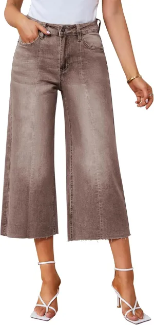 GRAPENT Jean Capris for Women Wide Leg Jeans High Waisted Seamed Front Raw Hem Denim Capri Pants Stretchy