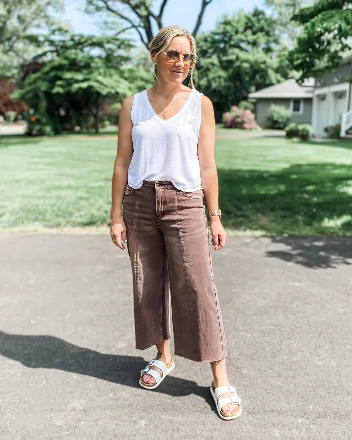 GRAPENT Jean Capris for Women Wide Leg Jeans High Waisted Seamed Front Raw Hem Denim Capri Pants Stretchy