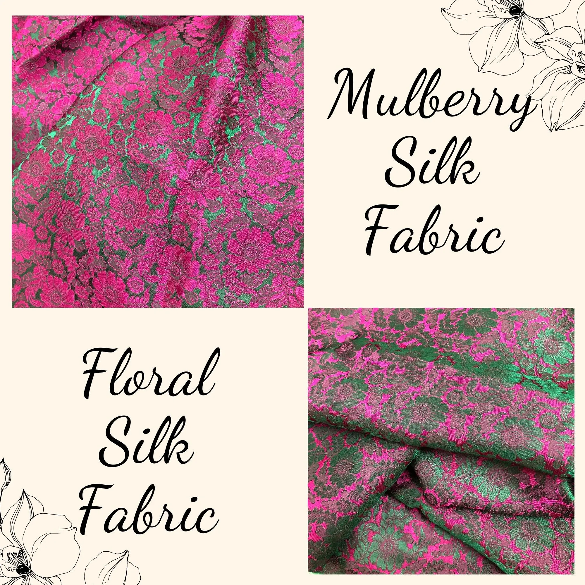 Green silk with Pink Chrysanthemum pattern - Silk for sewing - Handmade silk fabric