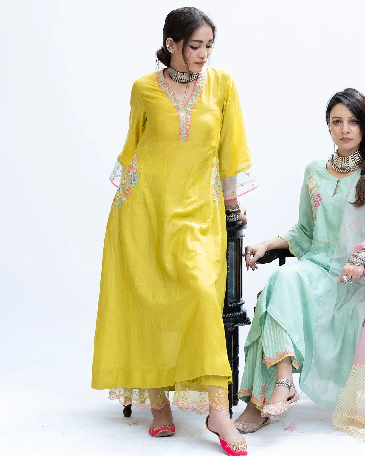 Gulnaaz Lime Green A-Line Pocket Kurta Set