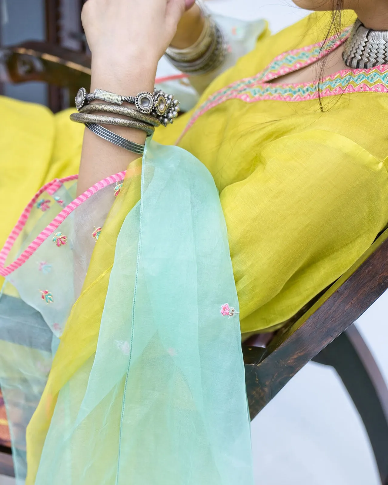 Gulnaaz Lime Green A-Line Pocket Kurta Set