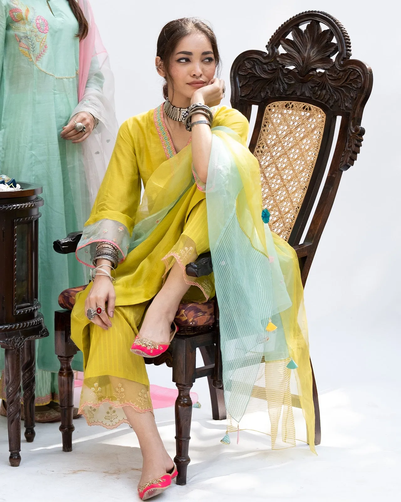 Gulnaaz Lime Green A-Line Pocket Kurta Set