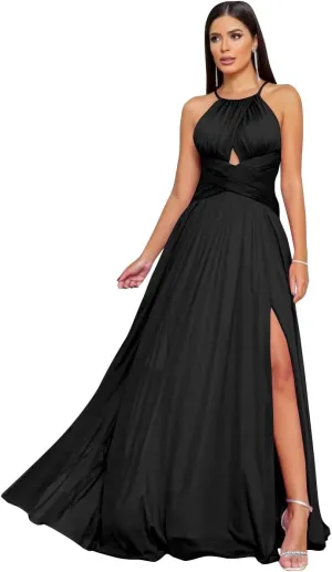 Halter Bridesmaid Dresses Long for Wedding Chiffon Formal Party Gown with Slit
