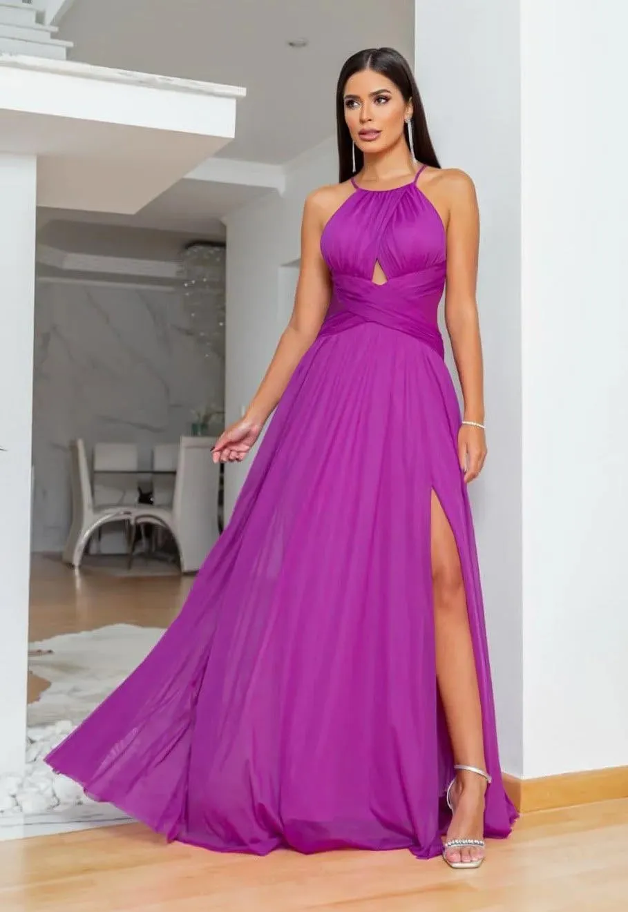 Halter Bridesmaid Dresses Long for Wedding Chiffon Formal Party Gown with Slit