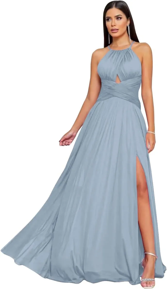 Halter Bridesmaid Dresses Long for Wedding Chiffon Formal Party Gown with Slit