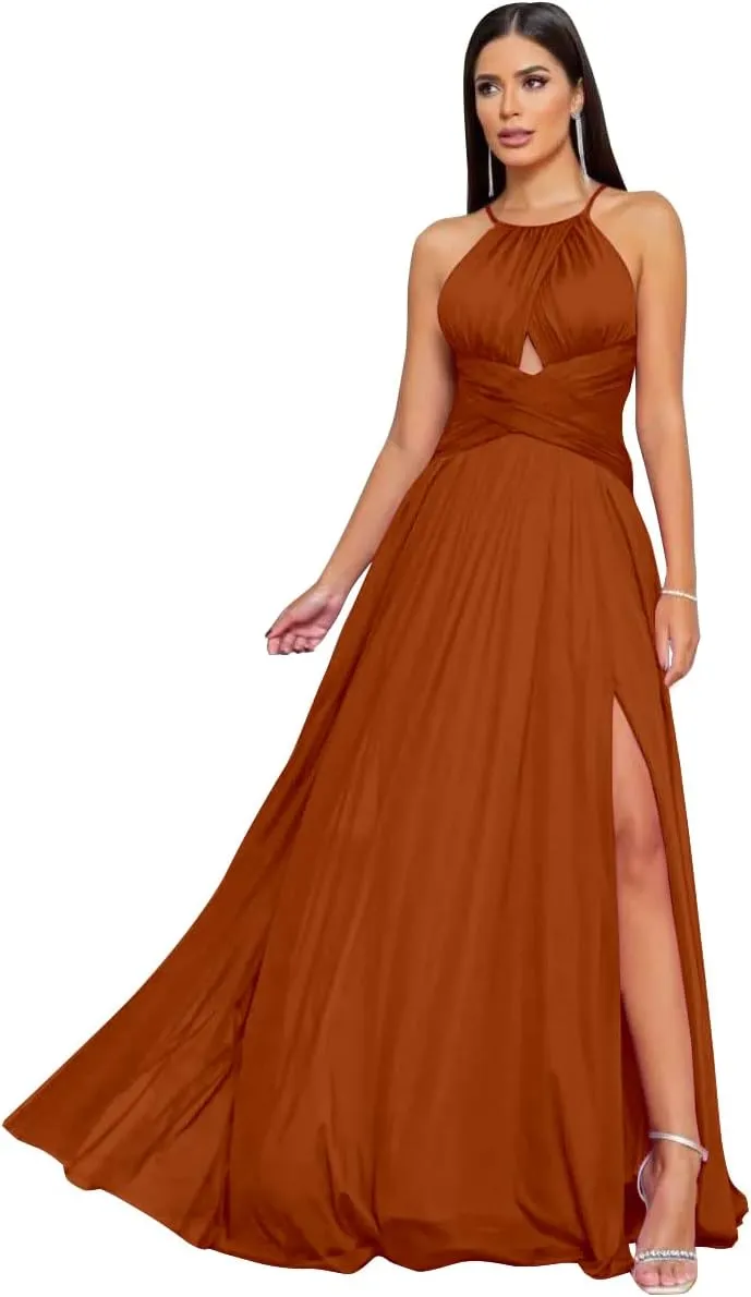 Halter Bridesmaid Dresses Long for Wedding Chiffon Formal Party Gown with Slit