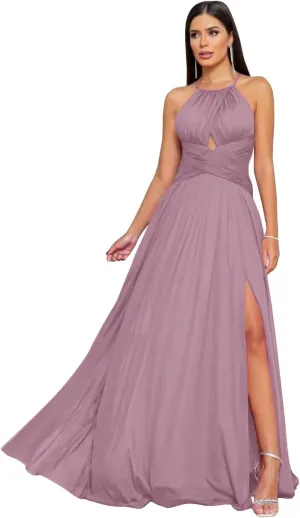 Halter Bridesmaid Dresses Long for Wedding Chiffon Formal Party Gown with Slit