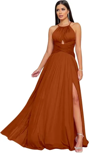 Halter Bridesmaid Dresses Long for Wedding Chiffon Formal Party Gown with Slit