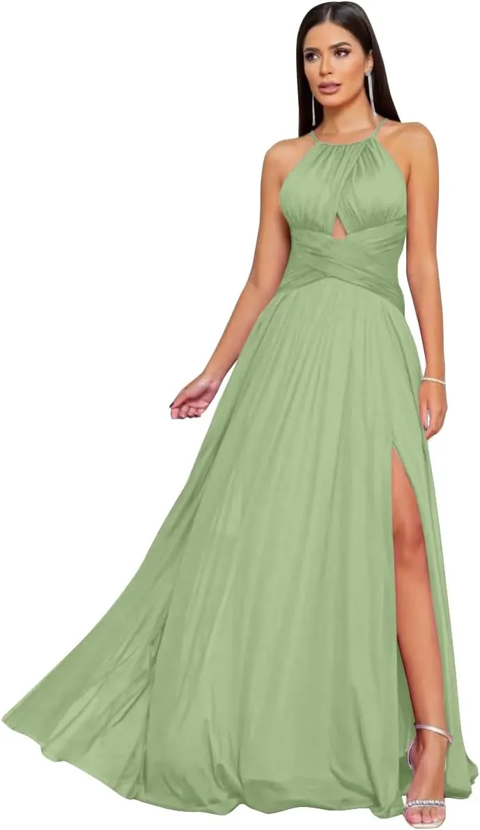 Halter Bridesmaid Dresses Long for Wedding Chiffon Formal Party Gown with Slit