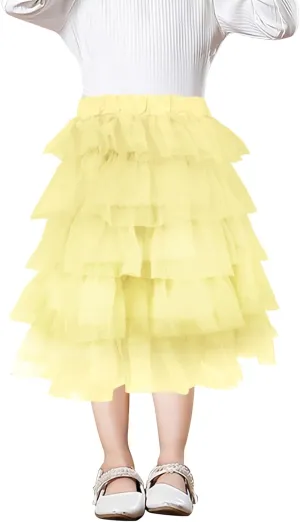 Happy Cherry Girls Tulle Skirt Multi-Layer Midi Mesh Ruffle Skirt A-Line High Waist Skirt Solid Color Kids 2-8 Years