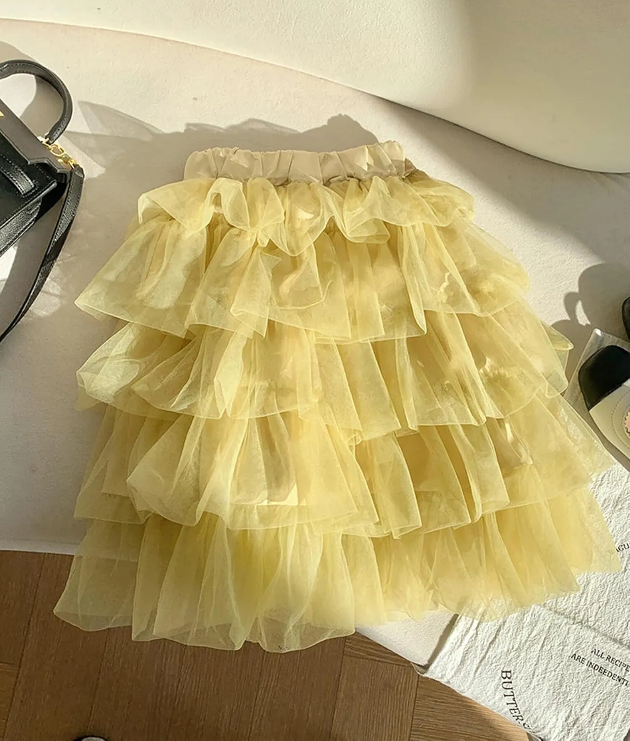 Happy Cherry Girls Tulle Skirt Multi-Layer Midi Mesh Ruffle Skirt A-Line High Waist Skirt Solid Color Kids 2-8 Years