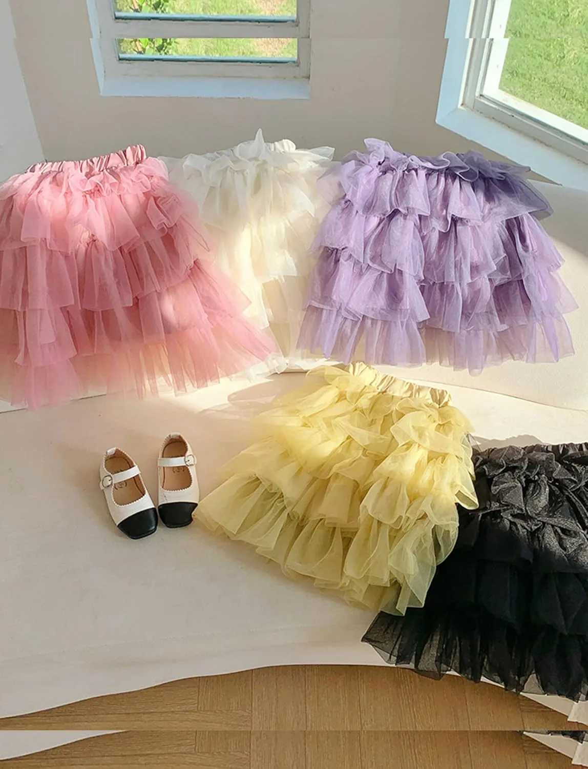 Happy Cherry Girls Tulle Skirt Multi-Layer Midi Mesh Ruffle Skirt A-Line High Waist Skirt Solid Color Kids 2-8 Years