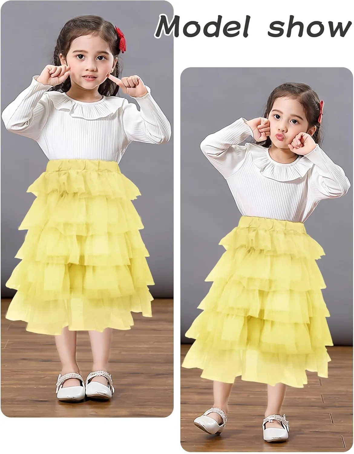 Happy Cherry Girls Tulle Skirt Multi-Layer Midi Mesh Ruffle Skirt A-Line High Waist Skirt Solid Color Kids 2-8 Years