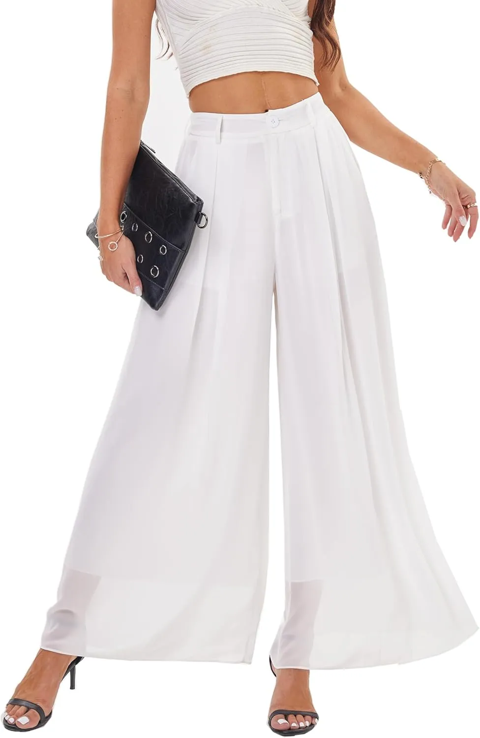 heipeiwa Women's Chiffon Wide Leg Palazzo Pants Flowy Casual Beach Party Dress Long Pants Trouser