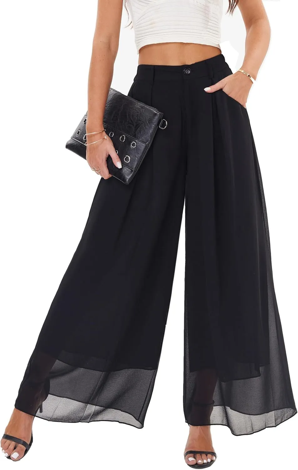 heipeiwa Women's Chiffon Wide Leg Palazzo Pants Flowy Casual Beach Party Dress Long Pants Trouser